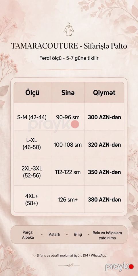 Tamaracouture – Sifarişlə Palto Fərdi ölçü ilə tikilir, 5–7 gün — Bakı