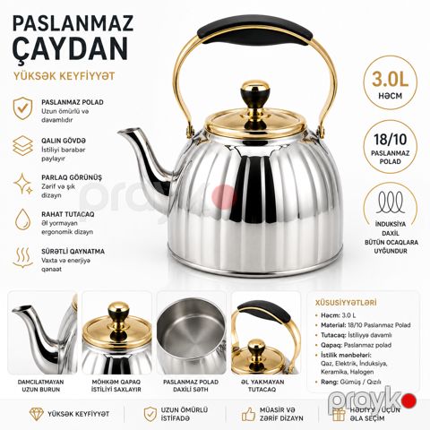Çaydan 63212386, 3000 ml, paslanmayan polad, gümüşü — Bakı