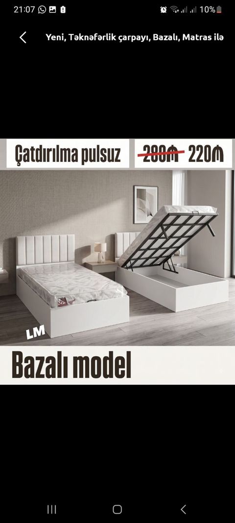 Bazalı tək nəfərlik çarpayı – matras ilə - Model: Bazalı - Ölçü: tək — Çarpayılar