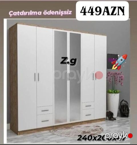 Yeni, 4 qapılı, Ağ, Taxta, Açılan, Düz dolab — Digah