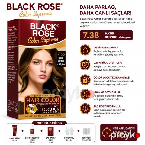 Saçlar üçün krem-boya Black Rose Color Supreme №7.38 Hazel Blonde, 50 ml — Bakı