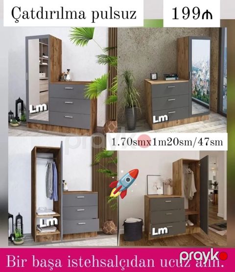 Yeni, 1 qapı, Güzgülü, Boz, Taxta, Açılan, Düz dolab — Digah