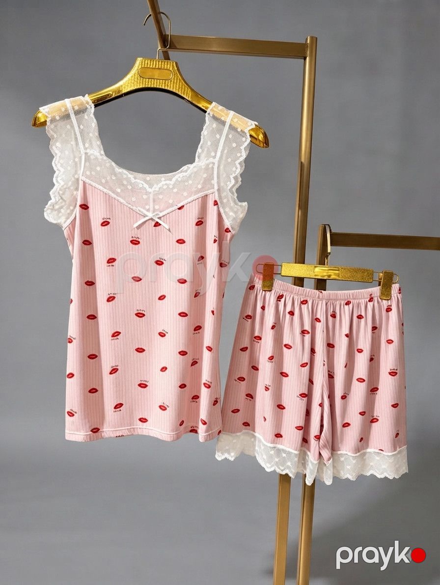 Qadınlar üçün şortlu pijama dəsti Efemia, çəhrayı, pambıq, ölçü M — Mallar, Bakı (2)