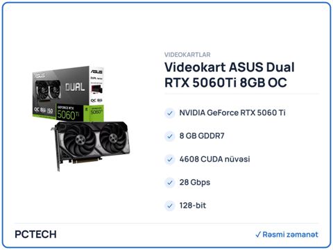 Videokart ASUS Dual RTX 5060Ti 8GB OC Edition (90YV0MP2-M0NA00) — Bakı