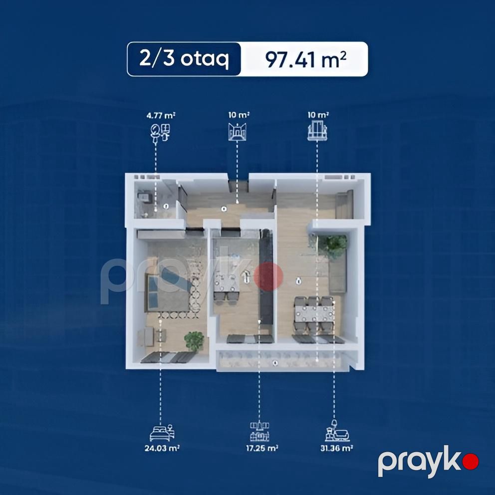 3 otaqlı studiya, 98 m², Z.Bünyadov pr. 2036, Block A (Lake City) — Mənzil, Bakı (2)