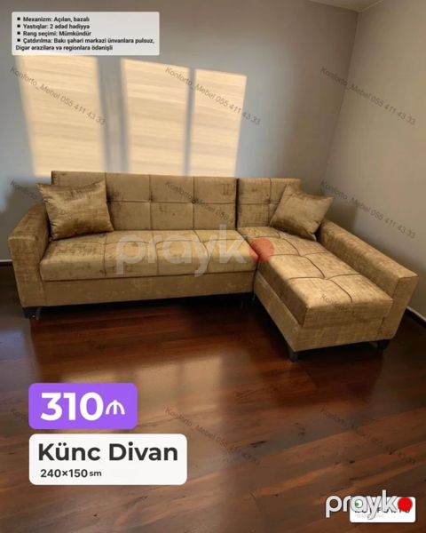 Künc divan – 240×150 sm - Mexanizm: açılan, bazalı (yataq funksiyası — Bakı