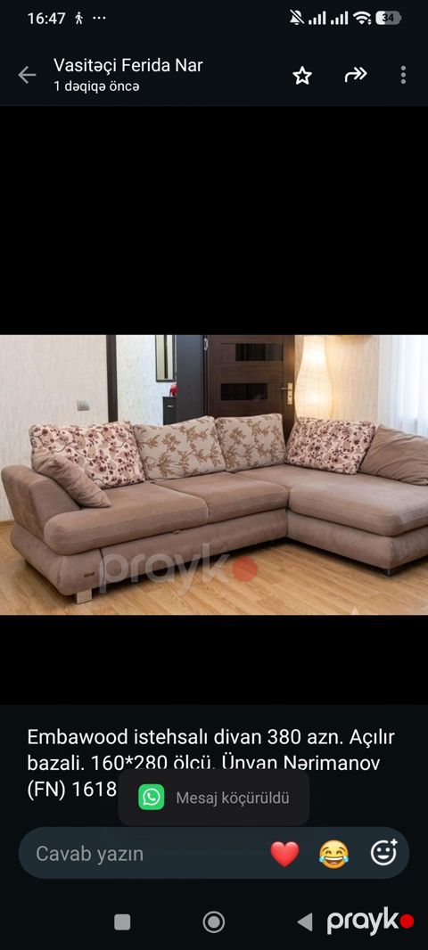 Embawood istehsalı divan 380 azn. Açılır bazali. 160*280 ölçü. Ünvan — Bakı