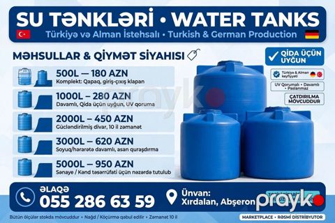 Su çənləri – Türkiyə və Alman istehsalı Həcmlər və qiymətlər: - 500L — Bakı