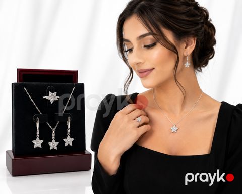Premium Ulduz Formalı Qadın Zinət Dəsti Gümüş Rəng Boyunbağı, Sırğa və Üzük Kombini Luxury Crystal Star Jewelry Set 6 Ay Zəmanətli Elegant Xanım Aksesuarı — Bakı
