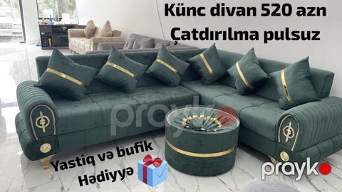 Künc divan dəsti – şık zümrüd-yaşıl rəngdə, qızılı dekor elementləri — Bakı