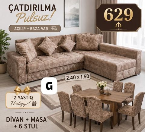 Dəst: Divan + Masa + 6 stul - Divan L-formalı, açılır mexanizmli və — ucuz.mebel — Soft furniture sets