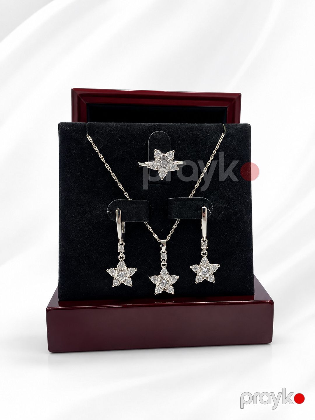 Premium Ulduz Formalı Qadın Zinət Dəsti Gümüş Rəng Boyunbağı, Sırğa və Üzük Kombini Luxury Crystal Star Jewelry Set 6 Ay Zəmanətli Elegant Xanım Aksesuarı — Mallar, Bakı (2)