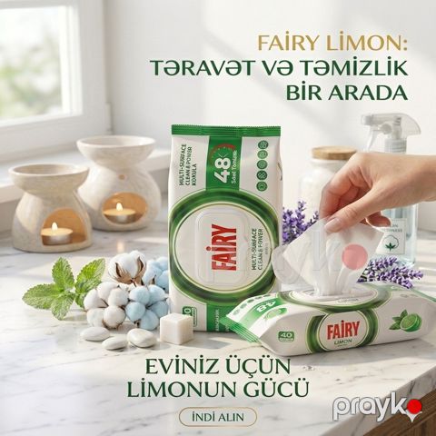Universal təmizləyici nəm salfetlər Fairy Limon ətirli, 100 əd — Bakı