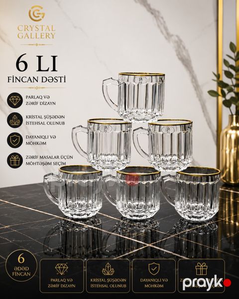 Fincan dəsti Crystal Gallery, şüşə, şəffaf, 350 ml, 6 əd — Bakı