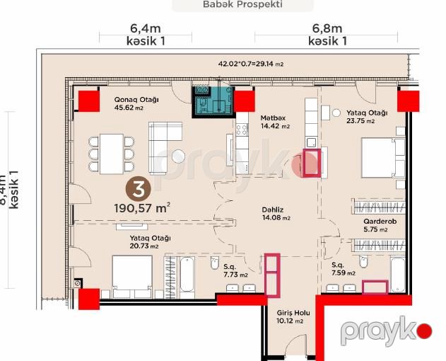 3 otaqlı mənzil, 184.3 m², Xəqani Rüstəmov küçəsi — Mənzil, Bakı (2)