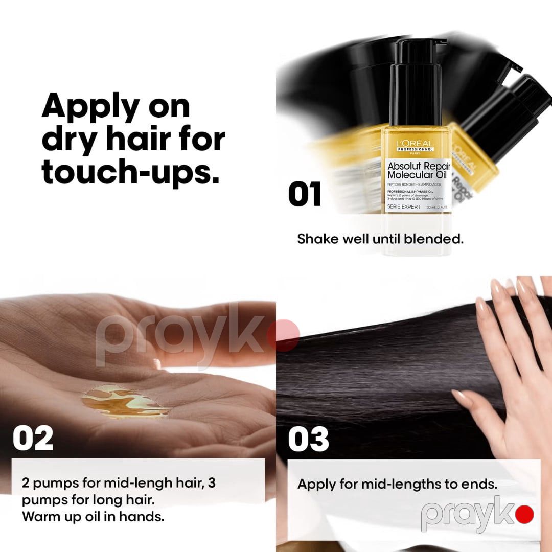 Saçlar üçün iki fazalı yağ L'Oreal Professionnel Absolut Repair Molecular Bi-Phase Oil intensiv bərpaedici, zədələnmiş və quru saçlar üçün, 30 ml - 3474637292430 — Mallar, Bakı (2)