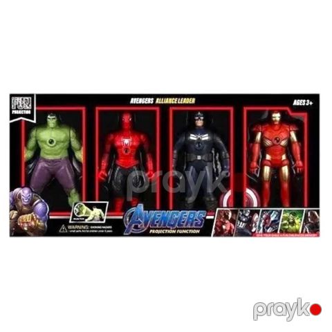 Oyuncaq silahı Avengers fiqur dəsti, 4 ədəd (Hulk, Spider-Man, Captain America, Iron Man), projektor funksiyası ilə işıqlı effekt, yüksək detallı, 3+ yaş - AN319-17 — Bakı