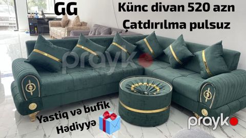 Künc divan dəsti – zümrüd-yaşıl rəng, qızılı dekor elementləri və — Bakı