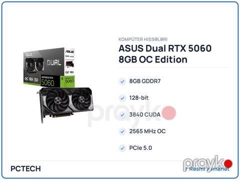 ASUS Dual RTX 5060 8GB OC Edition (90YV0N12-M0NA00) — Bakı