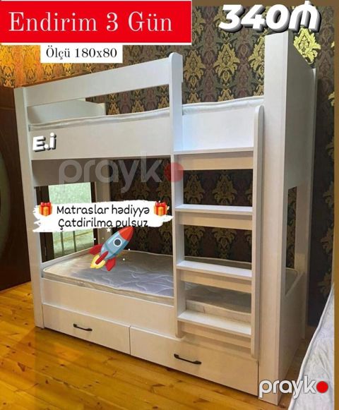 İki mərtəbəli uşaq çarpayısı – ağ rəng - Ölçü: 180x80 - Komplektdə: 2 — Digah