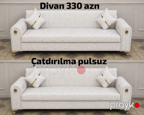Ağ rəngli, klassik üslubda 3 nəfərlik divan. Parça üzlüyü naxışlıdır — Bakı