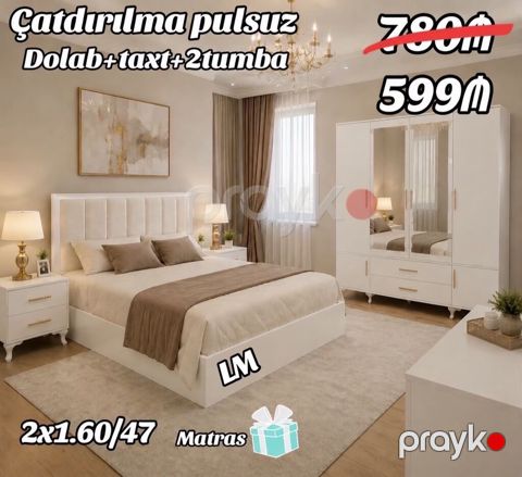 Yataq otağı dəsti – Dolab + Taxt + 2 tumbə Xüsusiyyətlər: - Rəng: ağ — Bakı