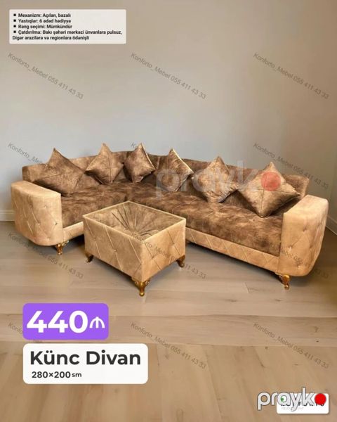 Künc divan – 280×200 sm Qiymət: 440₼ Xüsusiyyətlər: - Mexanizm — Bakı