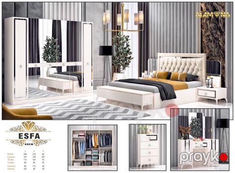 Yataq otağı üçün mebel dəsti Esfa Krem, 1 əd çarpayı 165x207 sm, 1 əd şkaf 240x210 sm, 1 əd komod 115x165 sm, 2 əd tumba 60x90 sm, 1 əd çamaşırlıq 60x115 sm, 1 əd sandıq 65x118 sm, krem — Bakı