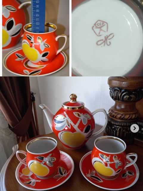 Çay dəsti, rəng - Narıncı, Farfor, Ssri — Столовая посуда