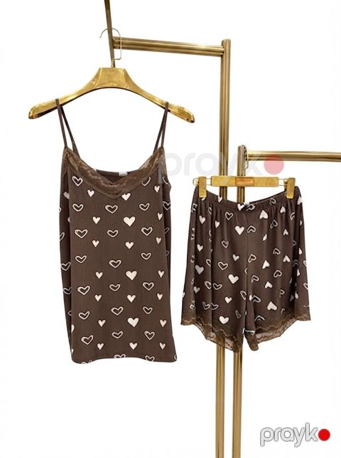 Şortlu pijama dəsti qadınlar üçün, qırmızı ürəkli, makaronka, ölçü One size — Bakı