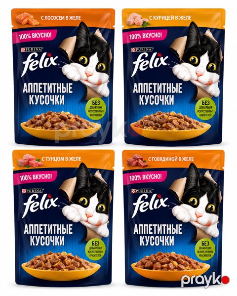 Nəm yem pişiklər üçün Felix toyuq əti jeledə, 4x75 q — Bakı