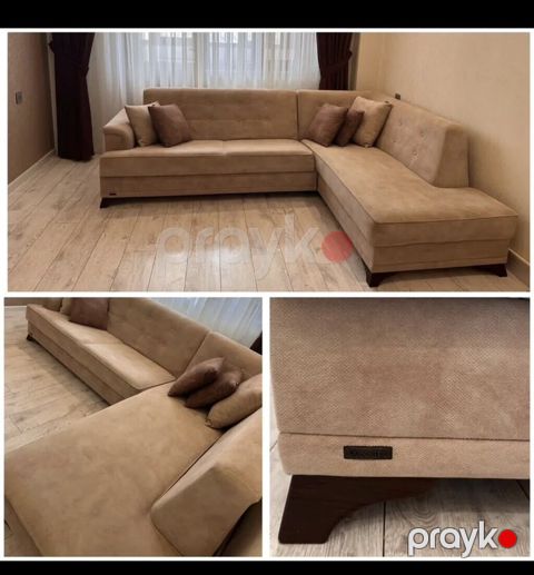 Bej rəngdə L formalı künc divan - Müasir minimalist dizayn, düyməli — Bakı