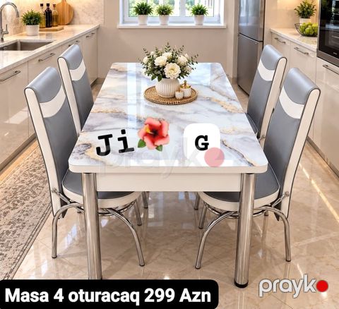Mətbəx üçün modern masa və 4 ədəd oturacaq dəsti. - Masa üstü mərmər — Bakı