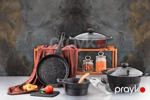Qab-qacaq dəsti Özlife, 7 parça, qara, qranit, 20/24/26 sm — Bakı