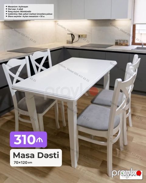 Masa dəsti – 70×120 sm Dəst: 1 masa + 4 ədəd stul Mexanizm — Bakı