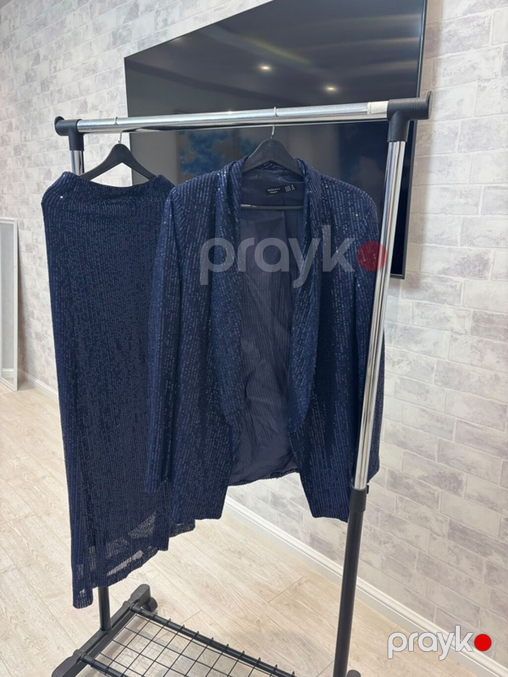 Tünd göy rəngli dəst – paltar və jaket - Parıltılı, mikro-payet — Kostyum, Bakı (3)