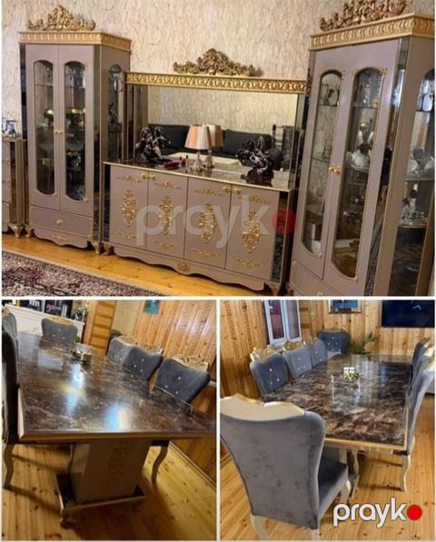 Klassik stil yumşaq-boz və qızılı detallı qonaq otağı mebel dəsti və — Bakı