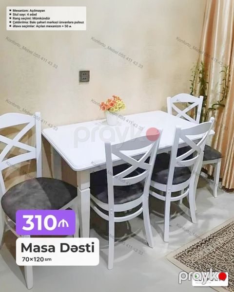 Məhsul: Masa dəsti – 70×120 sm - Mexanizm: Açılmayan - Stul sayı: 4 — Bakı