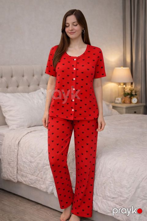 Qadınlar üçün şalvarlı pijama dəsti DA1587, qırmızı, bambuk, ölçü One size — Bakı