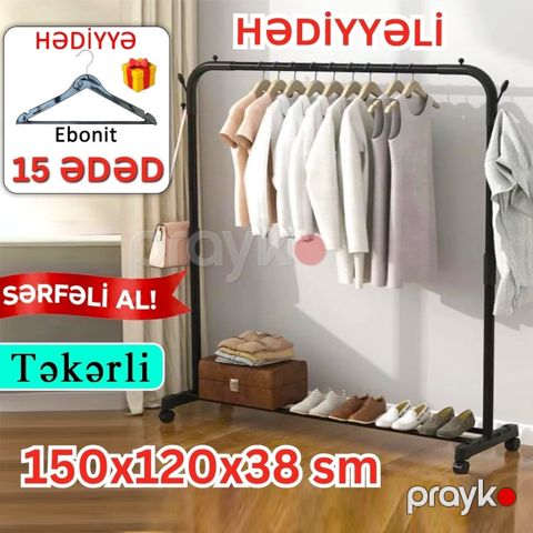 Paltarasan reyl FenExHome, dəmir, təkərli, 150x120x38 sm, qara + 15 ədəd ebonit asılqan, qara — Bakı