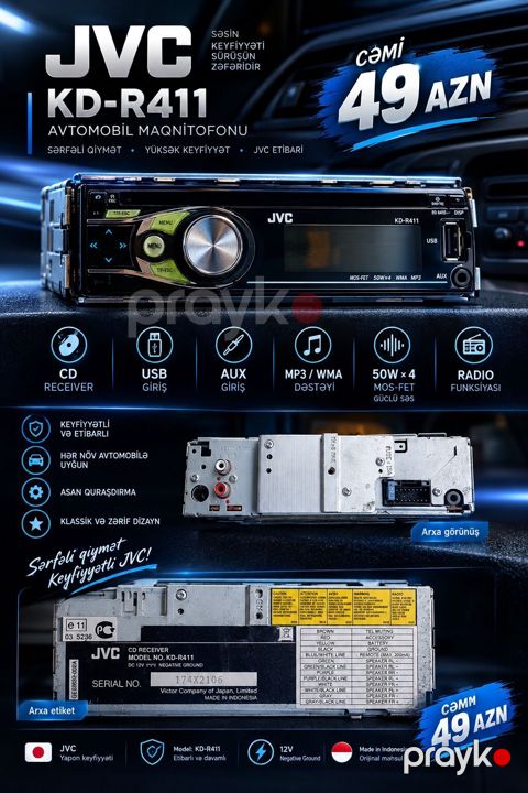 JVC KD-R411 — Cəmi 49 AZN Avtomobilinizə həm görünüş, həm də — Gəncə