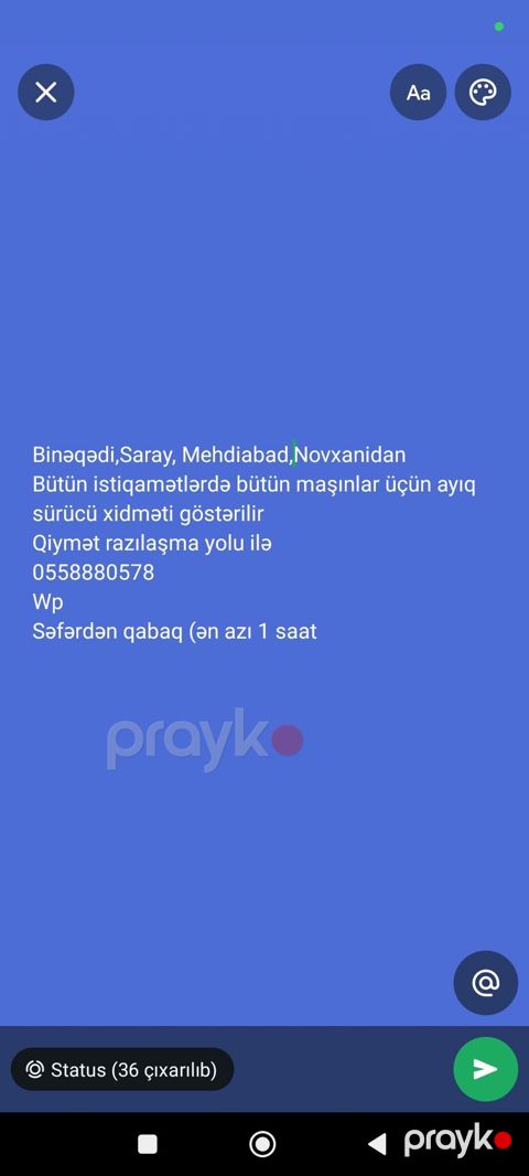 Xidmət: Ayıq sürücü Əhatə dairəsi: Binəqədi, SarayNovxani, Mehdiabad — Mehdiabad
