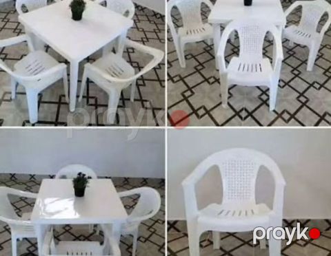 Ağ rəngdə plastik masa və 4 ədəd kreslo dəsti. - Dəst tərkibi — Bakı