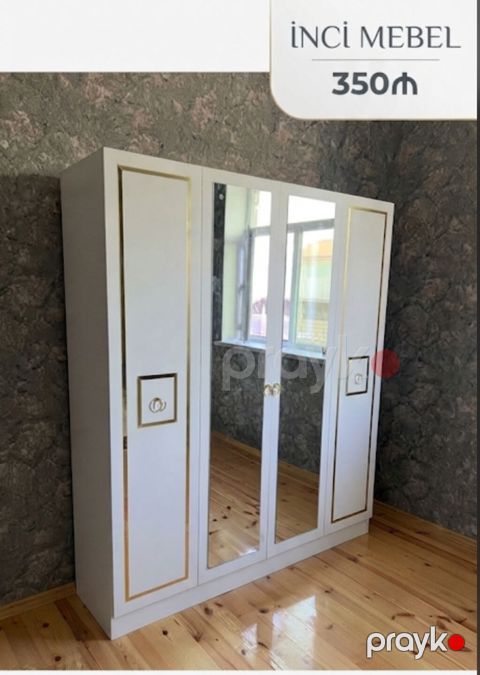 Yeni, 4 qapılı, Güzgülü, Ağ, Açılan, Düz dolab — Bakı