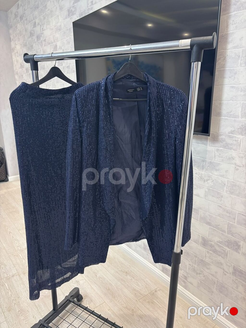 Tünd göy rəngli dəst – paltar və jaket - Parıltılı, mikro-payet — Kostyum, Bakı (2)