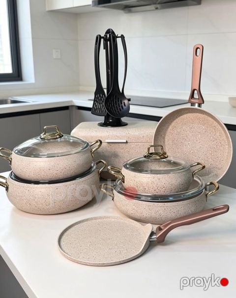 Qab-qacaq dəsti Shosman SU-LI0056, qranit, 20 sm, 24 sm, 28 sm, (blin tavası, çörək qabı, qapaq, qaşıq dəsti, qazanlar, tavalar) krem — Bakı