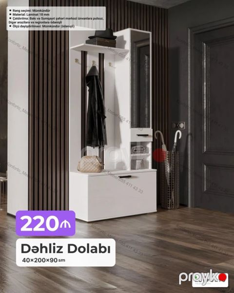Dəhliz dolabı – 40×200×90 sm - Funksional komplekt: açıq asılqan — Bakı
