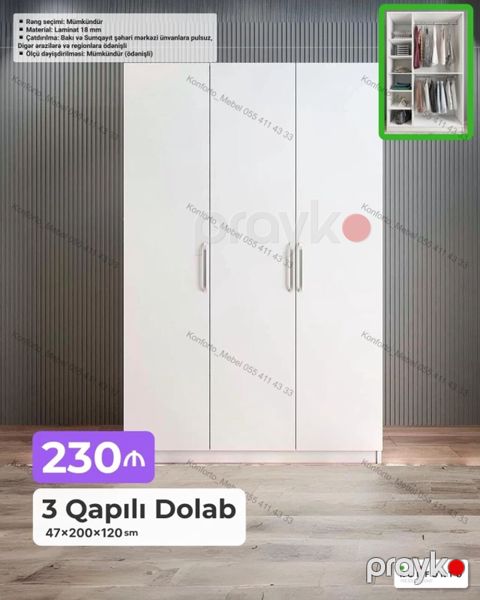 3 qapılı paltar dolabı – 47×200×120 sm - Material: 18 mm laminat — Bakı