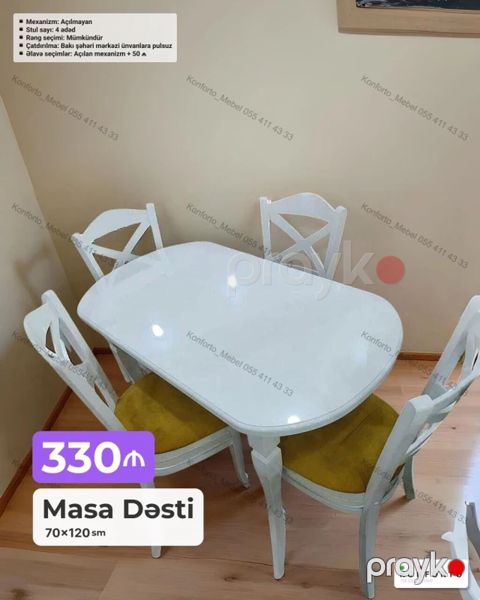 Masa Dəsti – 70×120 sm - Komplekt: 1 masa + 4 stul - Masa forması — Bakı