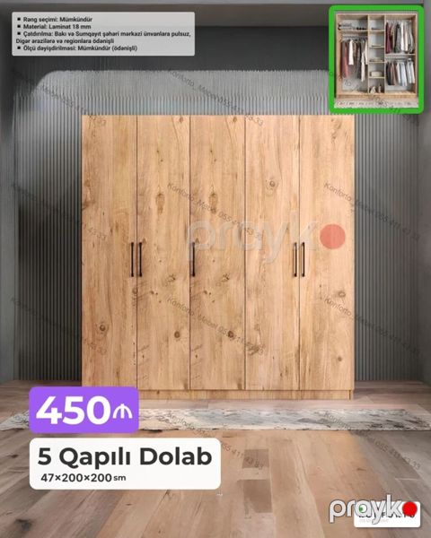 5 qapılı geyim dolabı - Material: 18 mm laminat - Rəng seçimi — Bakı
